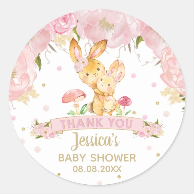 Sticker Rond Baby shower de lapin rose Floral fille Merci (Devant)