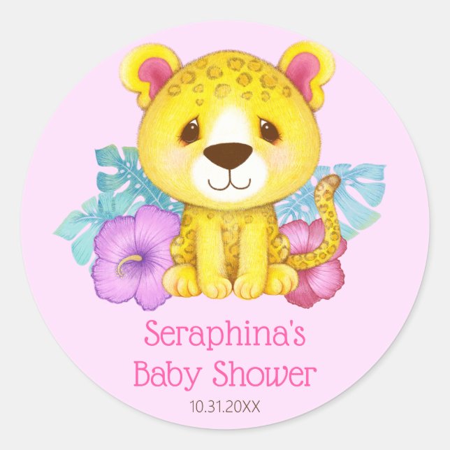 Sticker Rond Baby shower de léopard rose (Devant)