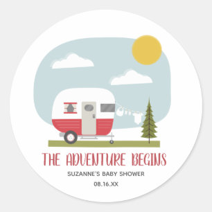 Sticker Rond Baby shower de ligne de vêtements de camping rouge
