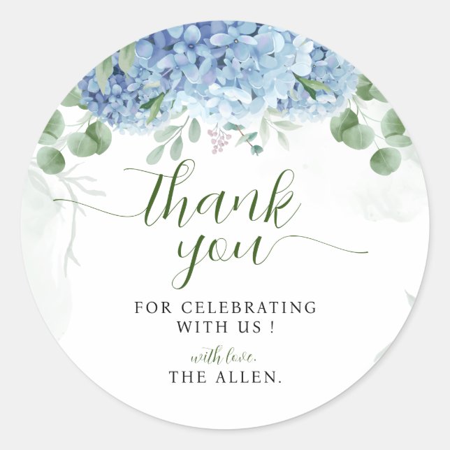 Sticker Rond Baby shower de Merci bleu hydrangea (Devant)