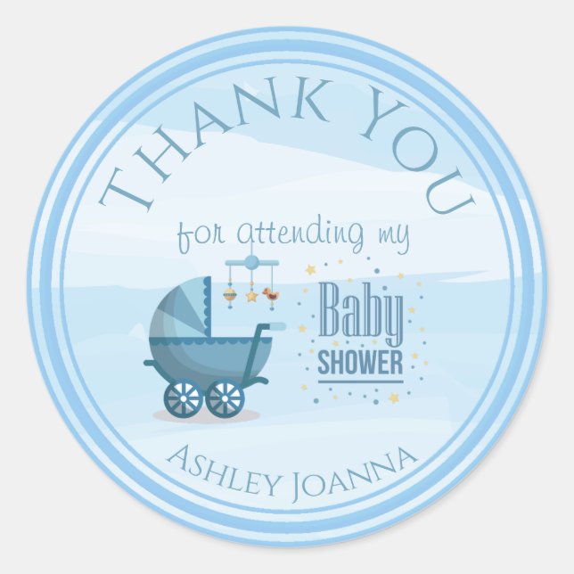 Sticker Rond Baby shower de Merci bleu personnalisé (Devant)