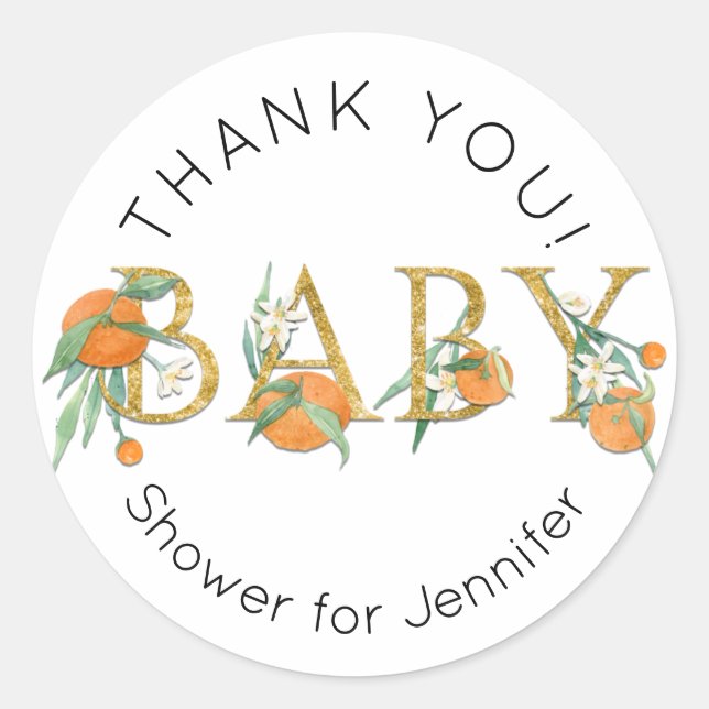 Sticker Rond Baby shower de Merci Cutie Orange Floral (Devant)