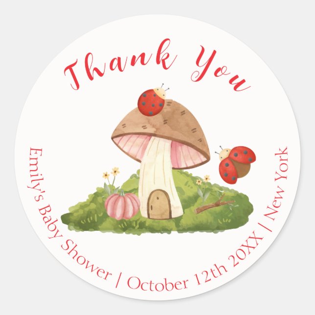 Sticker Rond Baby shower de Merci de champignon Woodland Ladybu (Devant)
