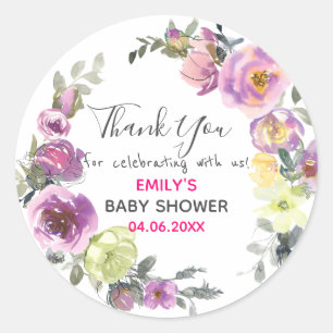 Sticker Rond Baby shower de Merci de  de couronne de fleurs vio