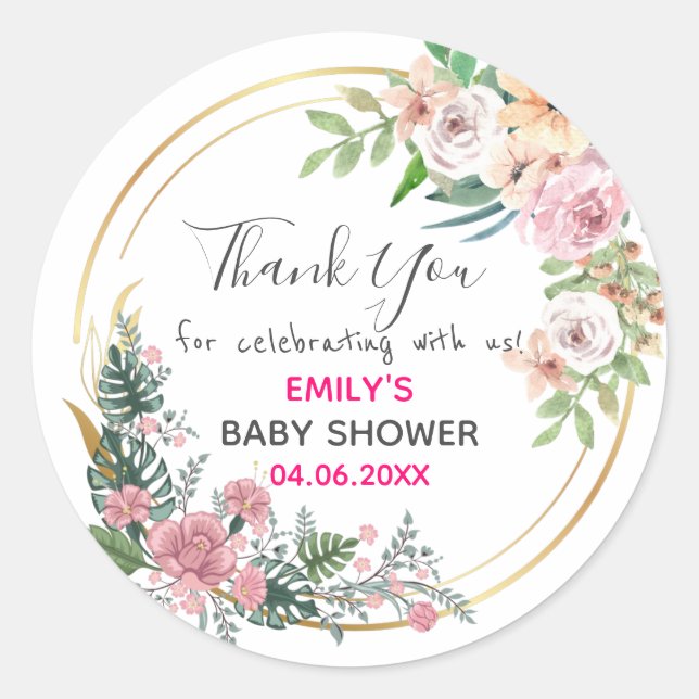 Sticker Rond Baby shower de Merci de  rose fleuri (Devant)