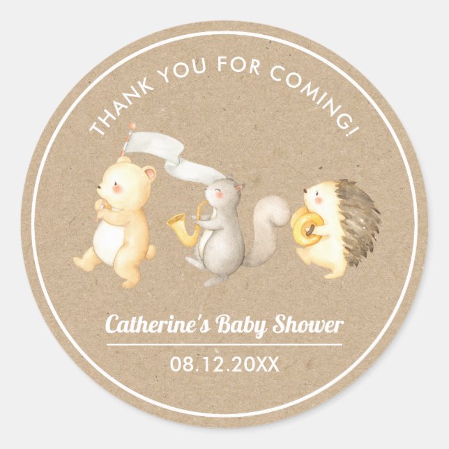 Sticker Rond Baby shower de Merci des animaux des bois (Devant)
