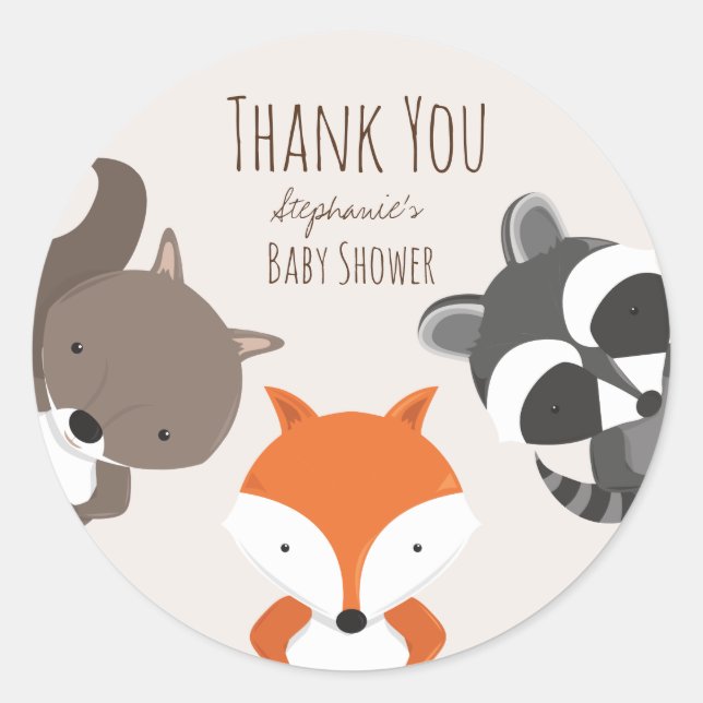 Sticker Rond Baby shower de Merci des animaux des bois (Devant)