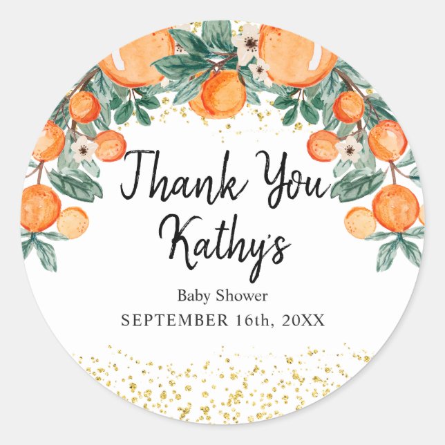Sticker Rond Baby shower de Merci d'été Orange Citrus (Devant)