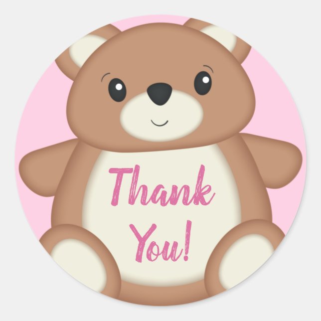 Sticker Rond Baby shower de Merci d'ours rose Teddy (Devant)