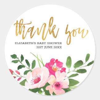 Sticker Rond Baby shower de Merci en or rose Floral