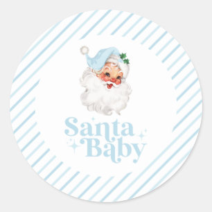 Sticker Rond Baby shower de Noël Bébé Retro Blue Père Noël