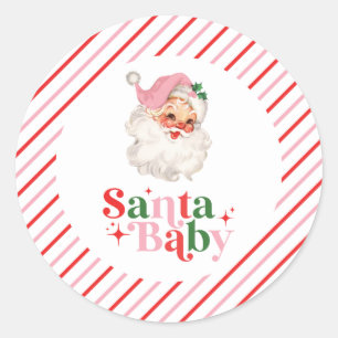 Sticker Rond Baby shower de Noël Retro Pink Père Noël bébé