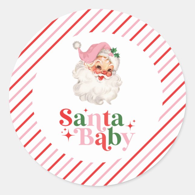 Sticker Rond Baby shower de Noël Retro Pink Père Noël bébé (Devant)