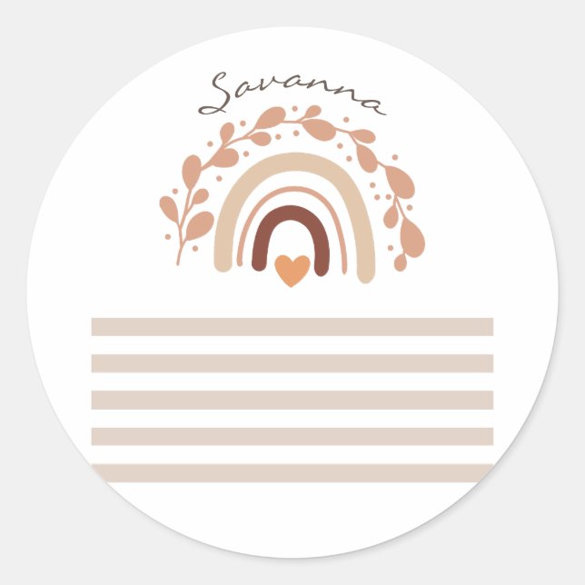 Sticker Rond Baby shower de nom personnalisé arc-en-ciel neutre (Devant)