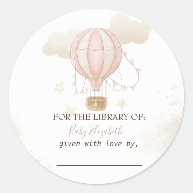 Sticker Rond Baby shower de nuages de ballon à air chaud rose (Devant)
