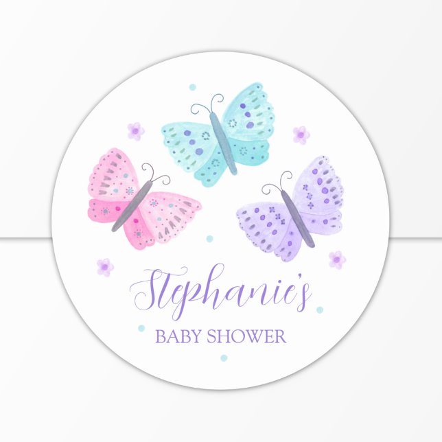 Sticker Rond Baby shower de papillons d'eau rose violet (Créateur téléchargé)