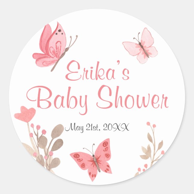 Sticker Rond Baby shower de papillons floraux rose très chic (Devant)