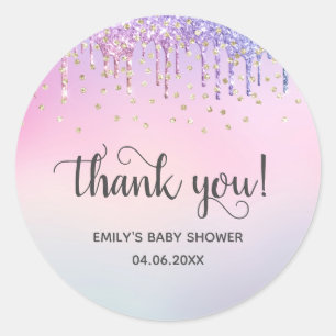 Sticker Rond Baby shower de Parties scintillant arc-en-ciel ros