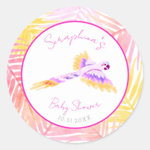 Sticker Rond Baby shower de perroquets tropicaux rose hawaïen