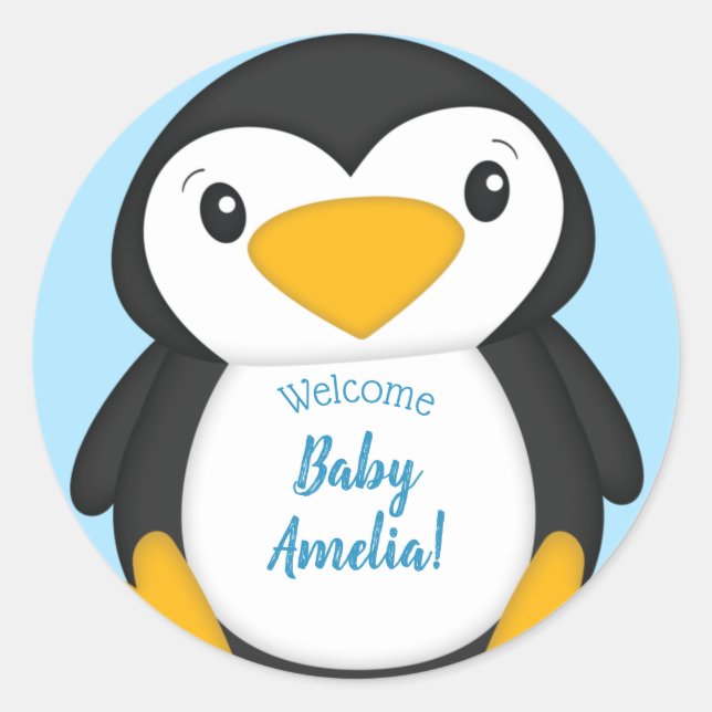 Sticker Rond Baby shower de pingouin bleu (Devant)