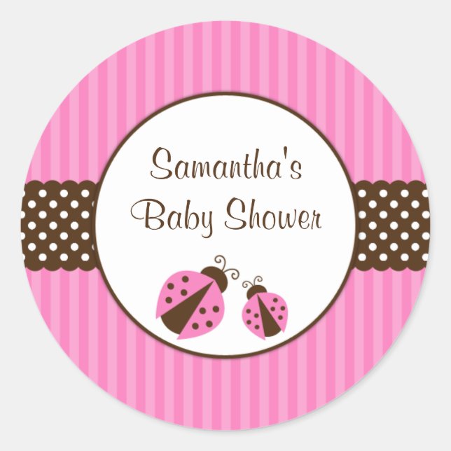 Sticker Rond Baby shower de points rayés rose et Brown Ladybug (Devant)