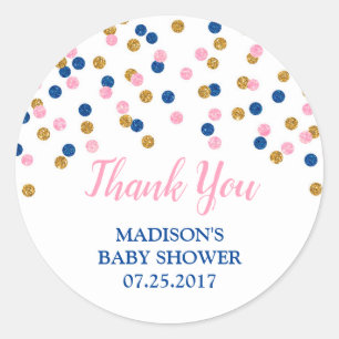 Sticker Rond Baby shower de points rose foncé bleu or foncé Fav