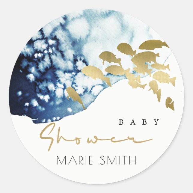 STICKER ROND BABY SHOWER DE POISSONS SOUS-MARINS GOLD NAVY (Devant)