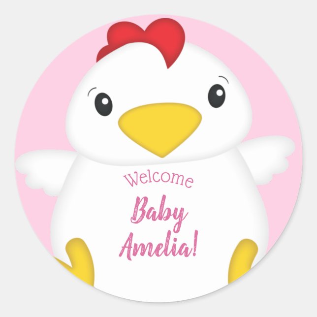 Sticker Rond Baby shower de poulet ferme rose (Devant)
