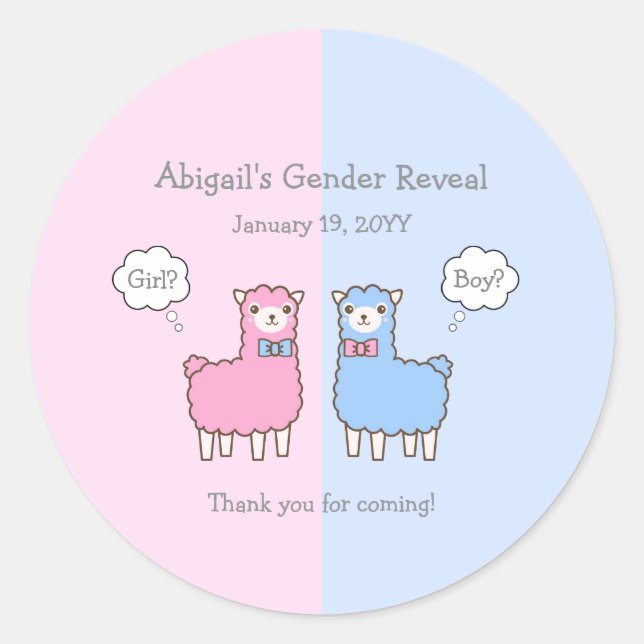 Sticker Rond Baby shower de révélation de genre Llama rose et b (Devant)