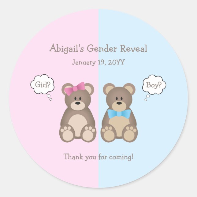 Sticker Rond Baby shower de révélation de genre rose et bleu Te (Devant)