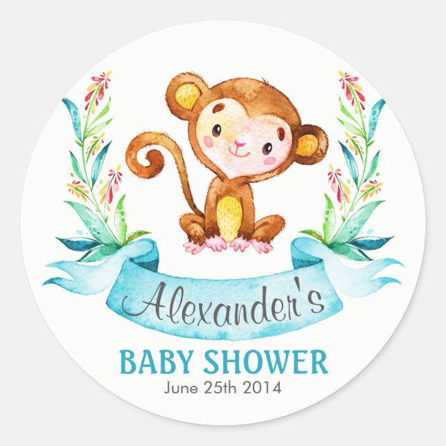 Sticker Rond Baby shower de singe d'aquarelle (Devant)