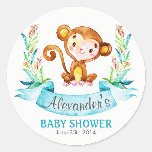Sticker Rond Baby shower de singe d'aquarelle