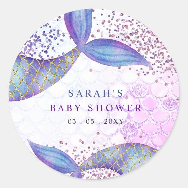 Sticker Rond Baby shower de sirène à Parties scintillant violet (Devant)