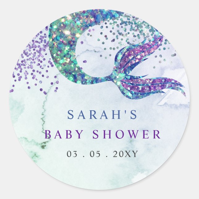 Sticker Rond Baby shower de sirène à Parties scintillant violet (Devant)