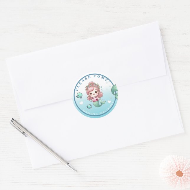 Sticker Rond Baby shower de sirène adorable bleu vert rose rose (Enveloppe)