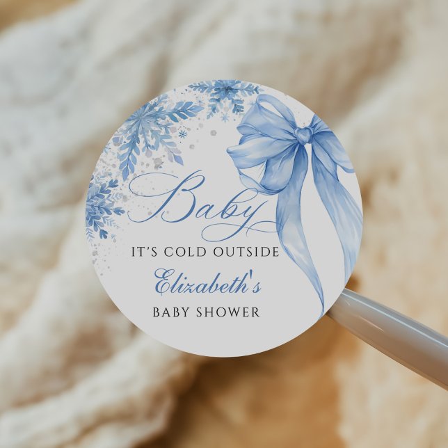 Sticker Rond Baby shower de snowflakes de Bow Blue Winter (Créateur téléchargé)