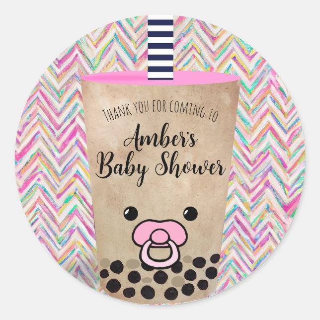 Sticker Rond Baby shower de thé Boba rose Chevron Merci (Devant)