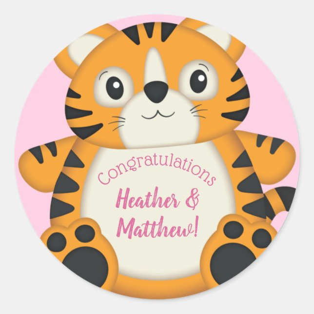 Sticker Rond Baby shower de tigre rose (Devant)