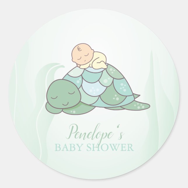 Sticker Rond Baby shower de tortue de mer douce (Devant)