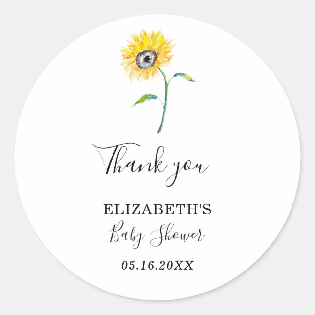 Sticker Rond Baby shower de tournesol aquarelle Merci simple (Devant)