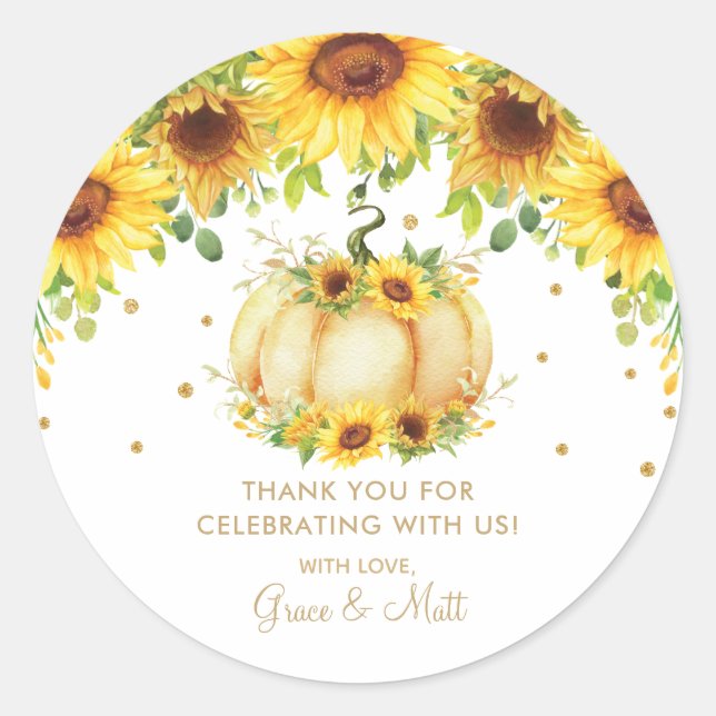 Sticker Rond Baby shower de tournesol citrouille Merci Favorise (Devant)