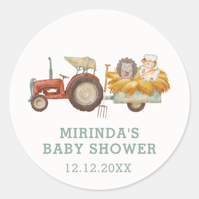 Sticker Rond Baby shower de tracteur de ferme de hérisson migno (Devant)