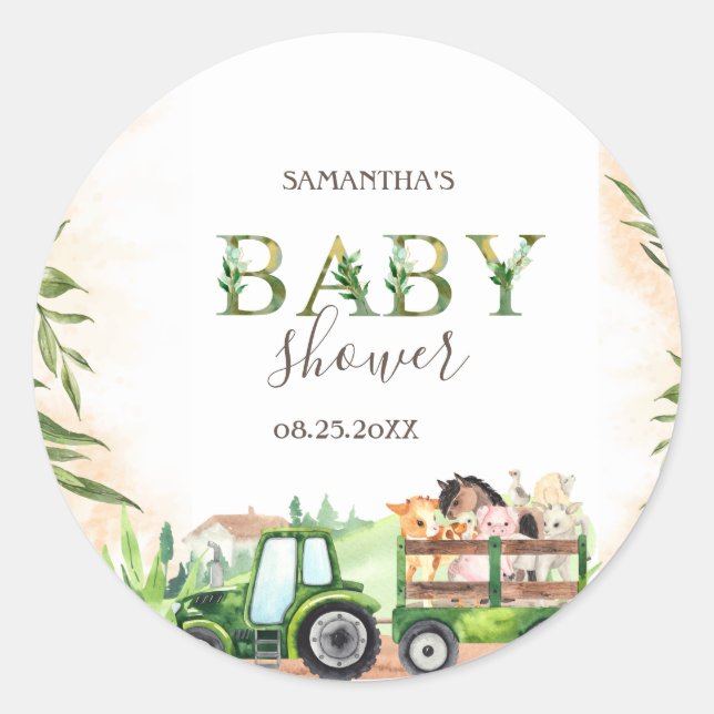Sticker Rond Baby shower de tracteur pour animaux de ferme aqua (Devant)