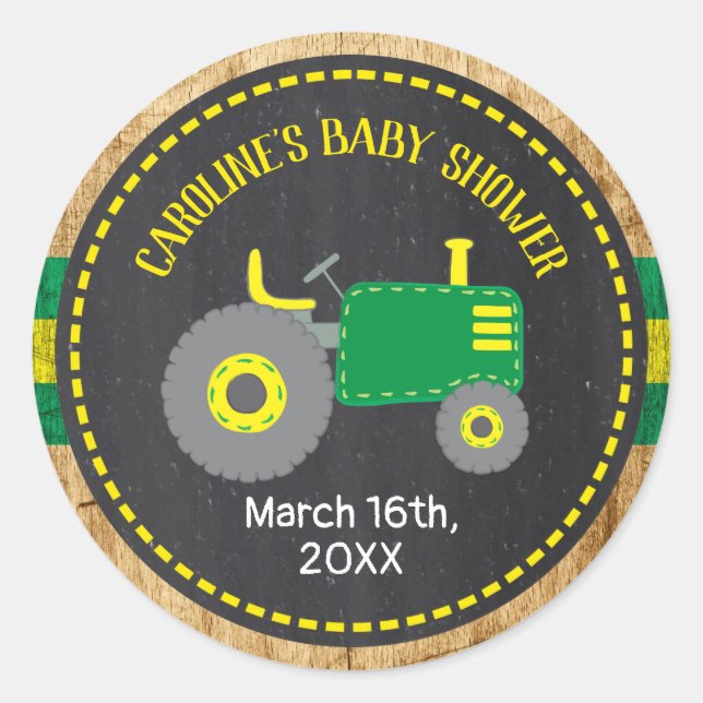 Sticker Rond Baby shower de tracteur vert rustique Favoriser le (Devant)