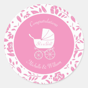 Sticker Rond Baby shower de transport vintage jolie fille rose