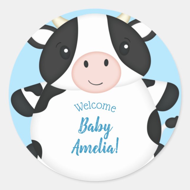 Sticker Rond Baby shower de vache bleu (Devant)