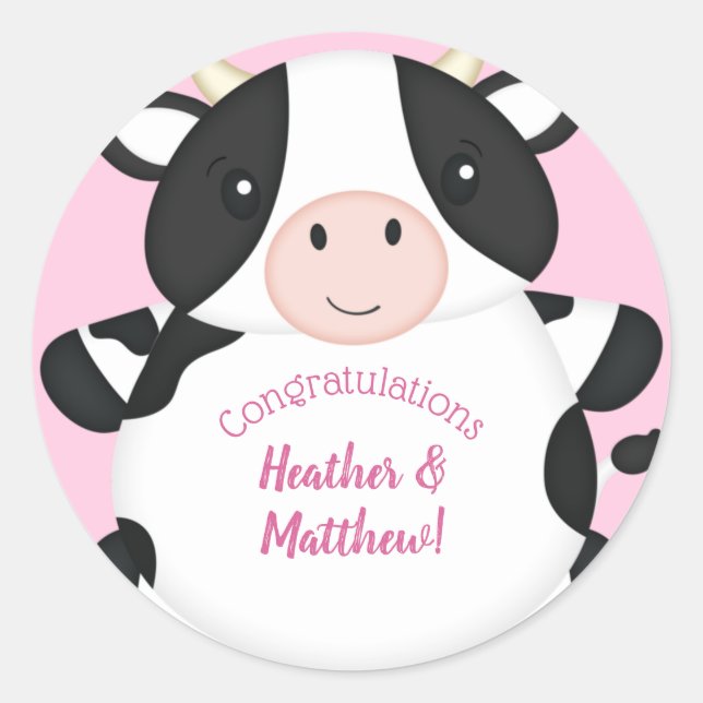 Sticker Rond Baby shower de vache rose (Devant)