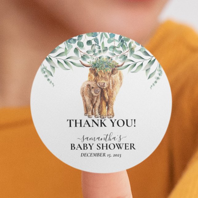 Sticker Rond Baby shower de veau de vache de Highland Eucalyptu (Créateur téléchargé)