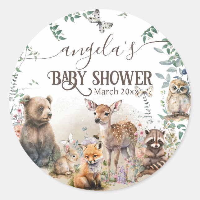 Sticker Rond Baby shower de verdure des animaux des bois (Devant)