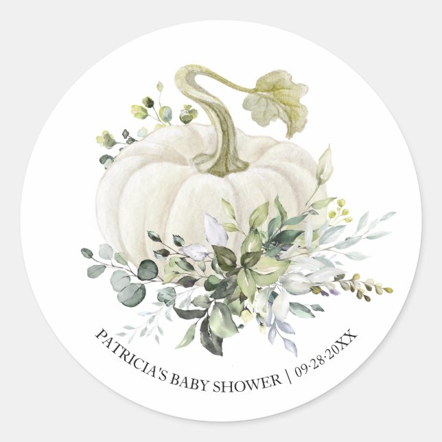 Sticker Rond Baby Shower de Verdure Eucalyptus Citrouille Autom (Devant)